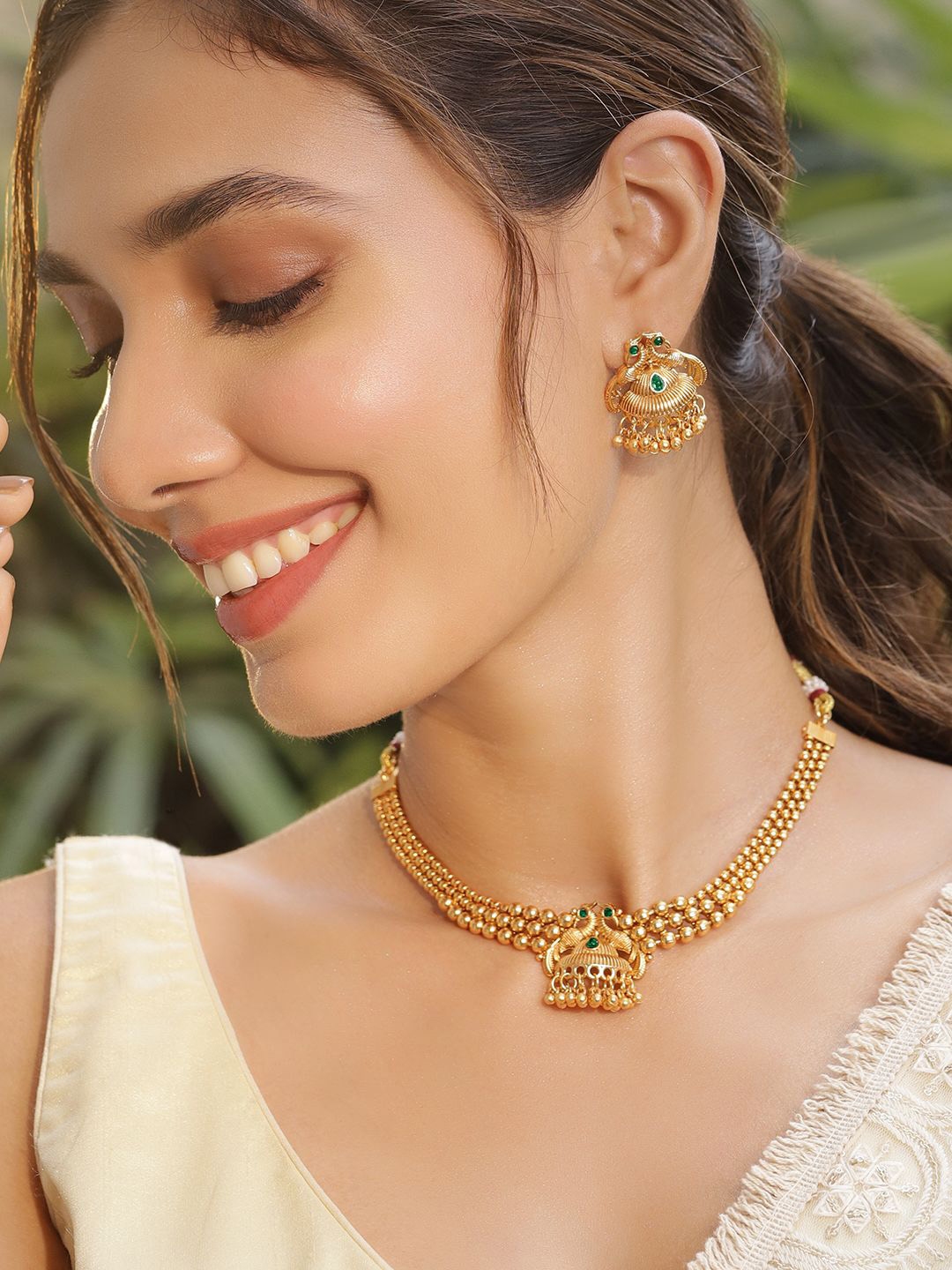 Rubans 22K Gold Plated Green Stone & Gold Beaded Peacock Design Traditional Necklace Set - Jewellery Set for Women 31917203 | Myntra