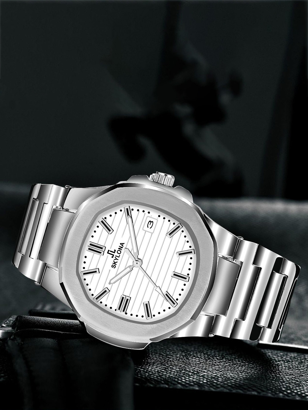 SKYLONA Men Brass Patterned Dial Reset Time Analogue Watch Patek White