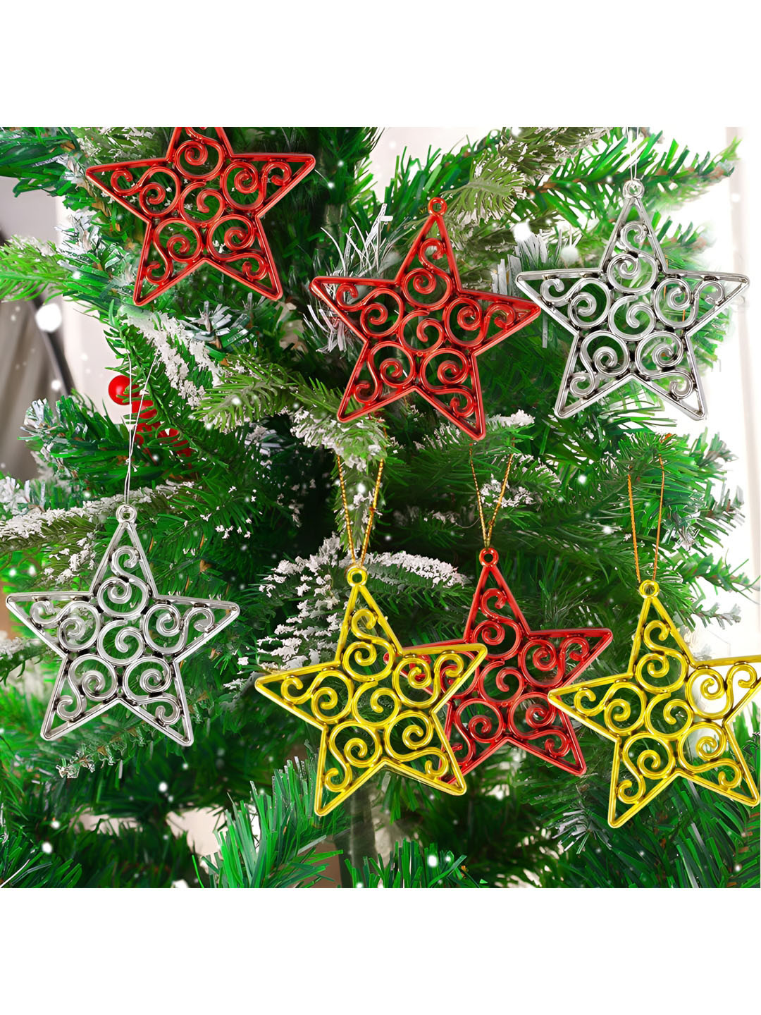 Ascension Red & Silver Toned 6 Pieces Stars Ornaments
