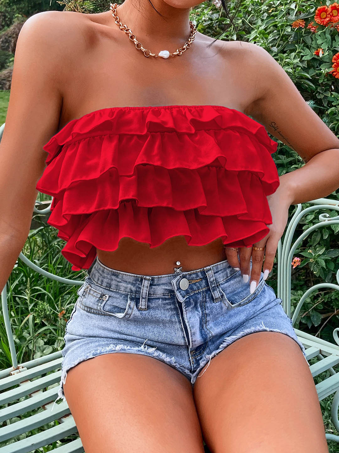 Berrylush Ruffle Detail Tube Crop Top