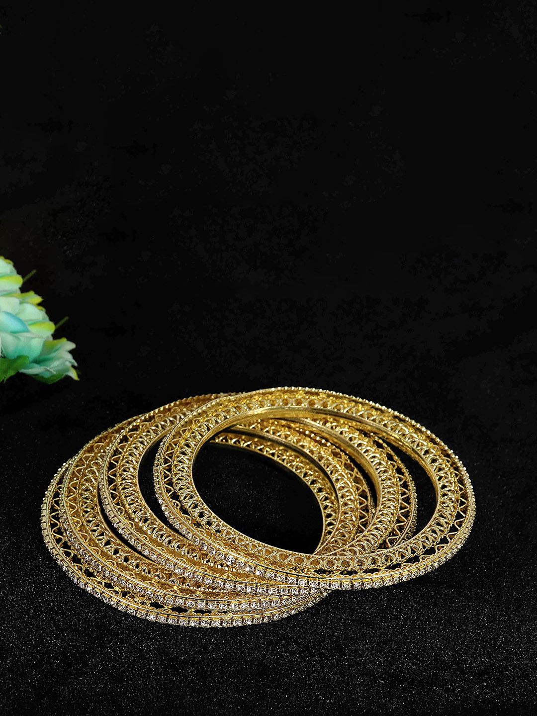 Set of 4 Gold Plated Traditional Zircon Diamond Studded Metal Bangles