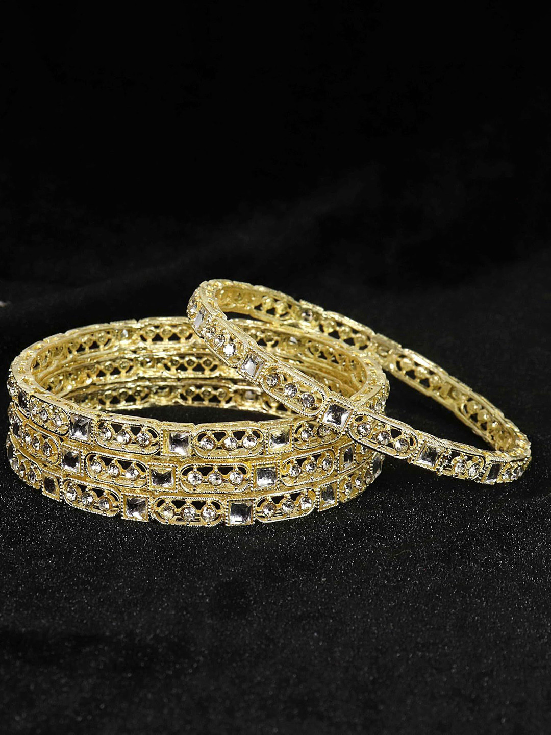 Set of 4 Golden Zircon Stone & Kundan Mirror Work Premium Metal Bangles