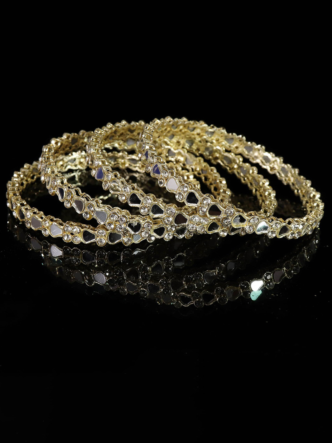 Set of 4 Gold Plated Metal with Zircon GemStone & Mirror Work Bangles