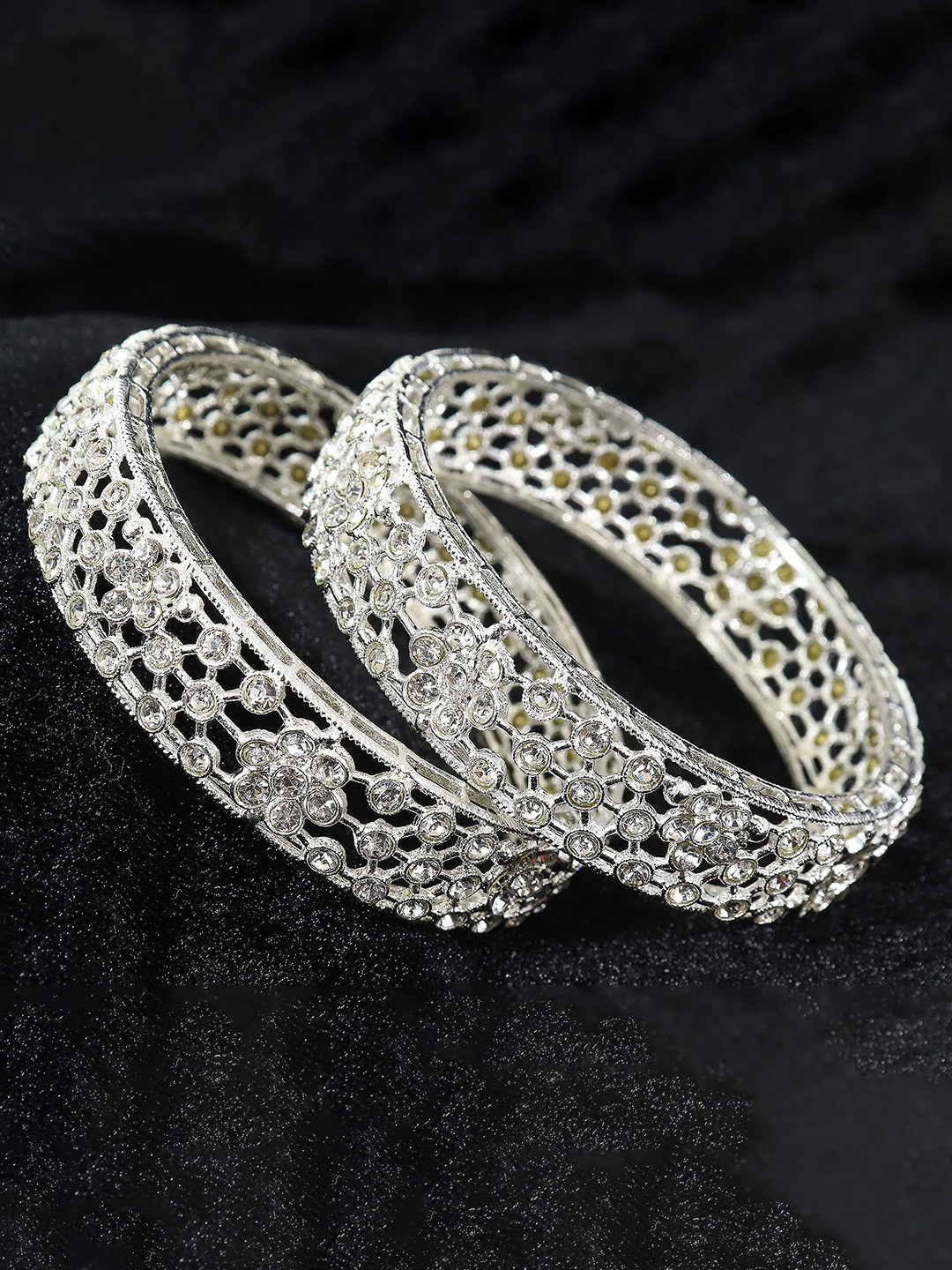 ZULKA Set of 2 Zircon Gemstone Studded Alloy Metal Bangles