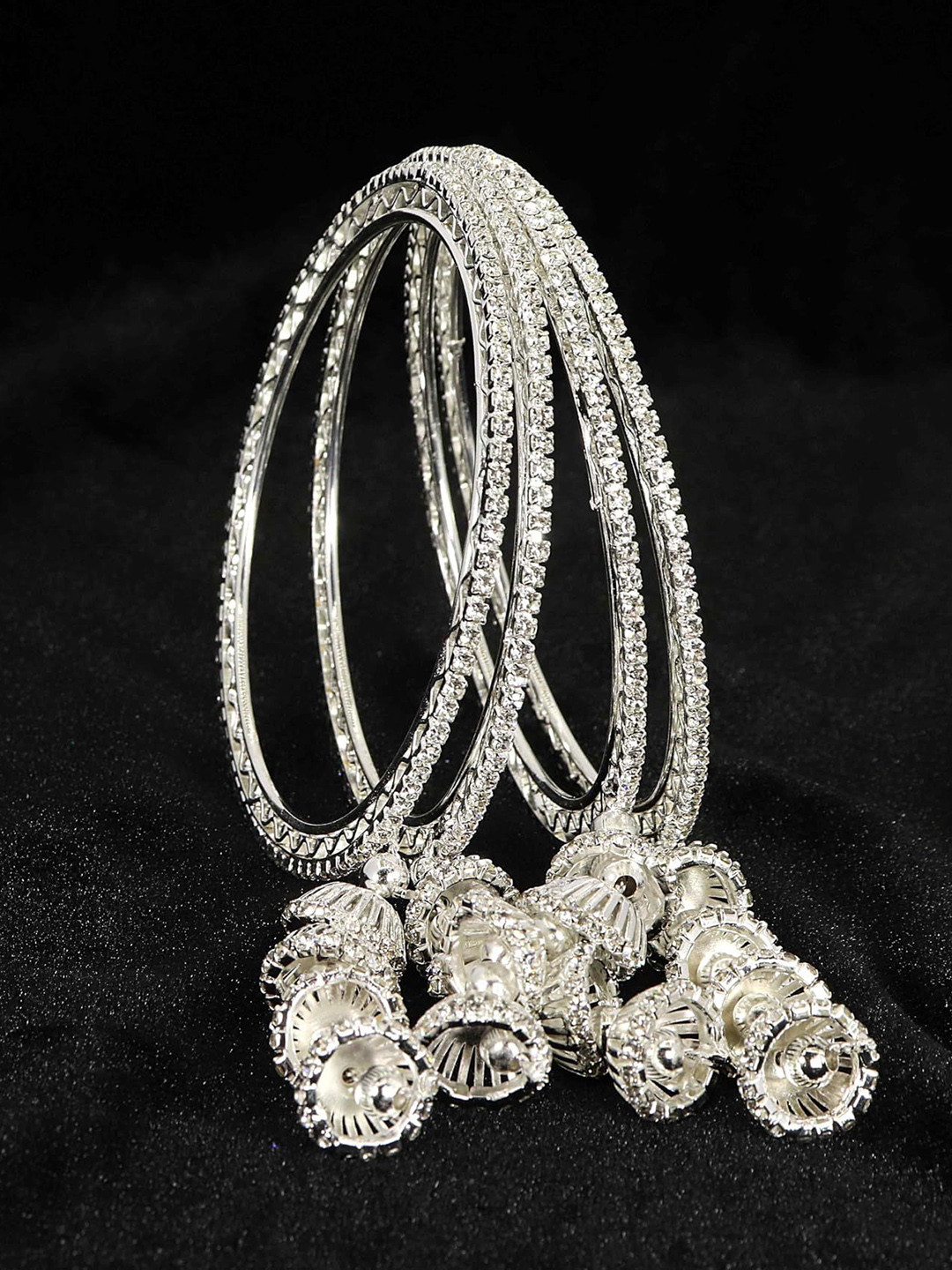 ZULKA Set of 4 Silver-Plated Zircon Diamond Stones Studded Latkan Bangles