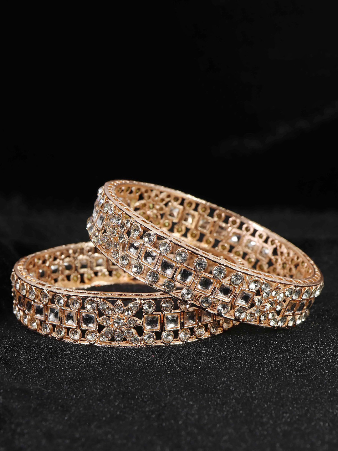 ZULKA Set of 2 Rose Gold Plated Metal Kada Bangles with American Diamond Stone