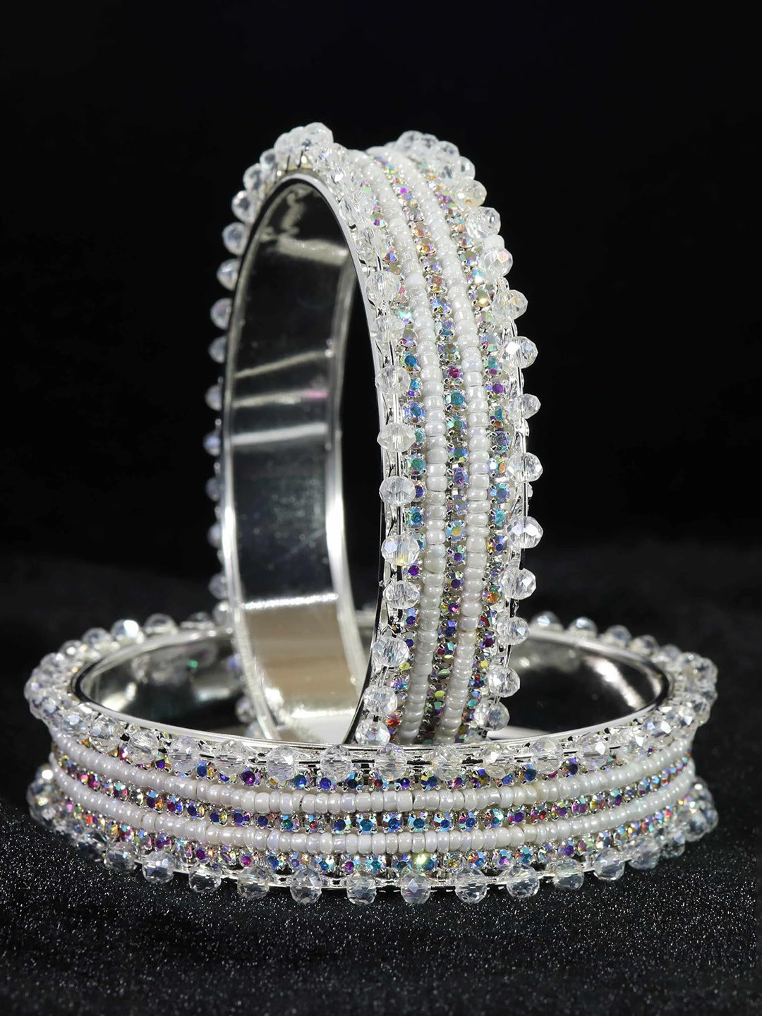 ZULKA Set of 2 Silver Plated Designer Beaded Zircon Gemstone Metal Bangles