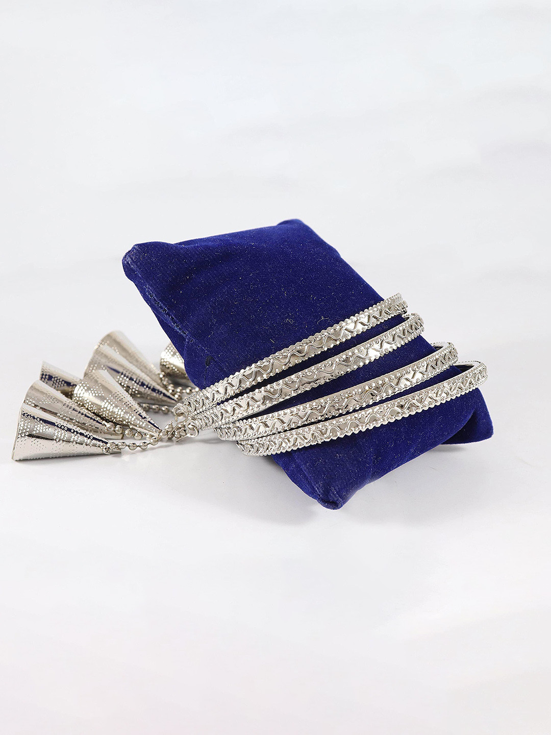 ZULKA Set of 4 Silver-Plated Kaleere Latkan Linked Kada Bangles