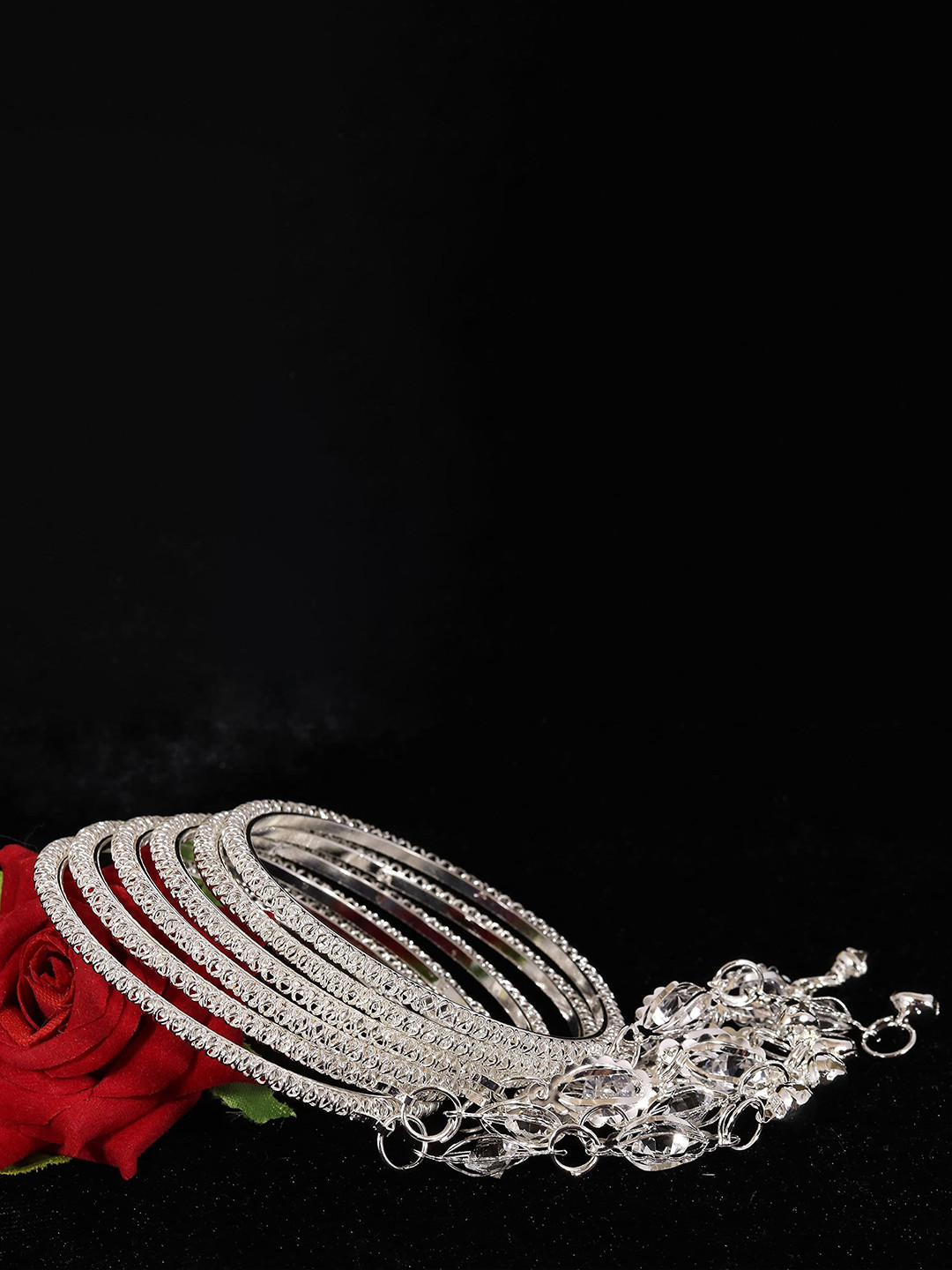 ZULKA Set of 12 Silver-Plated Zircon Stone and Bells Latkan Bangles