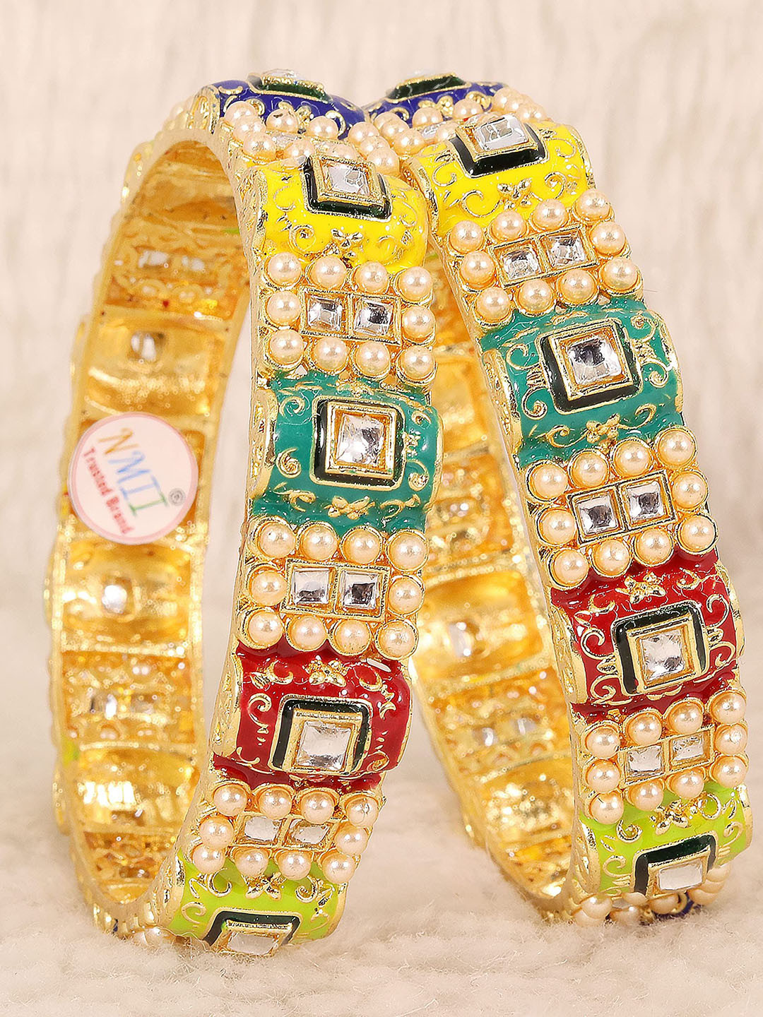 ZULKA Pack Of 2 Metal Kundan and Pearl Studded Traditional Bangles