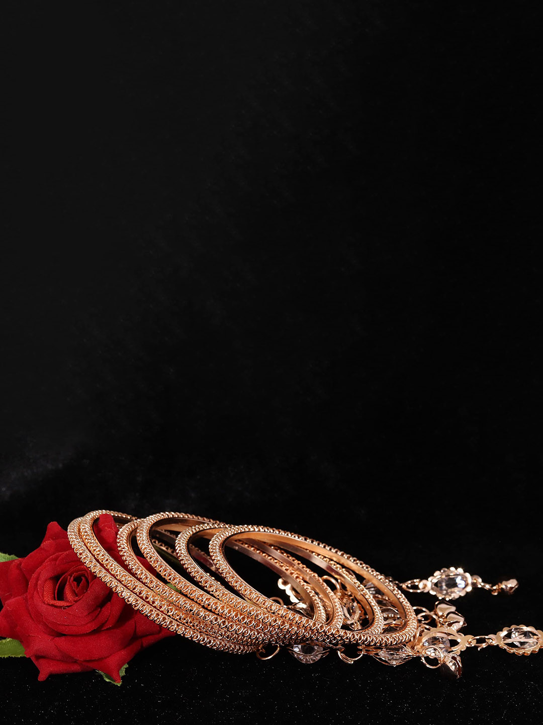 ZULKA Set of 12 Rose Gold Plated Zircon Stones and Beads Studded Latkan Bangles
