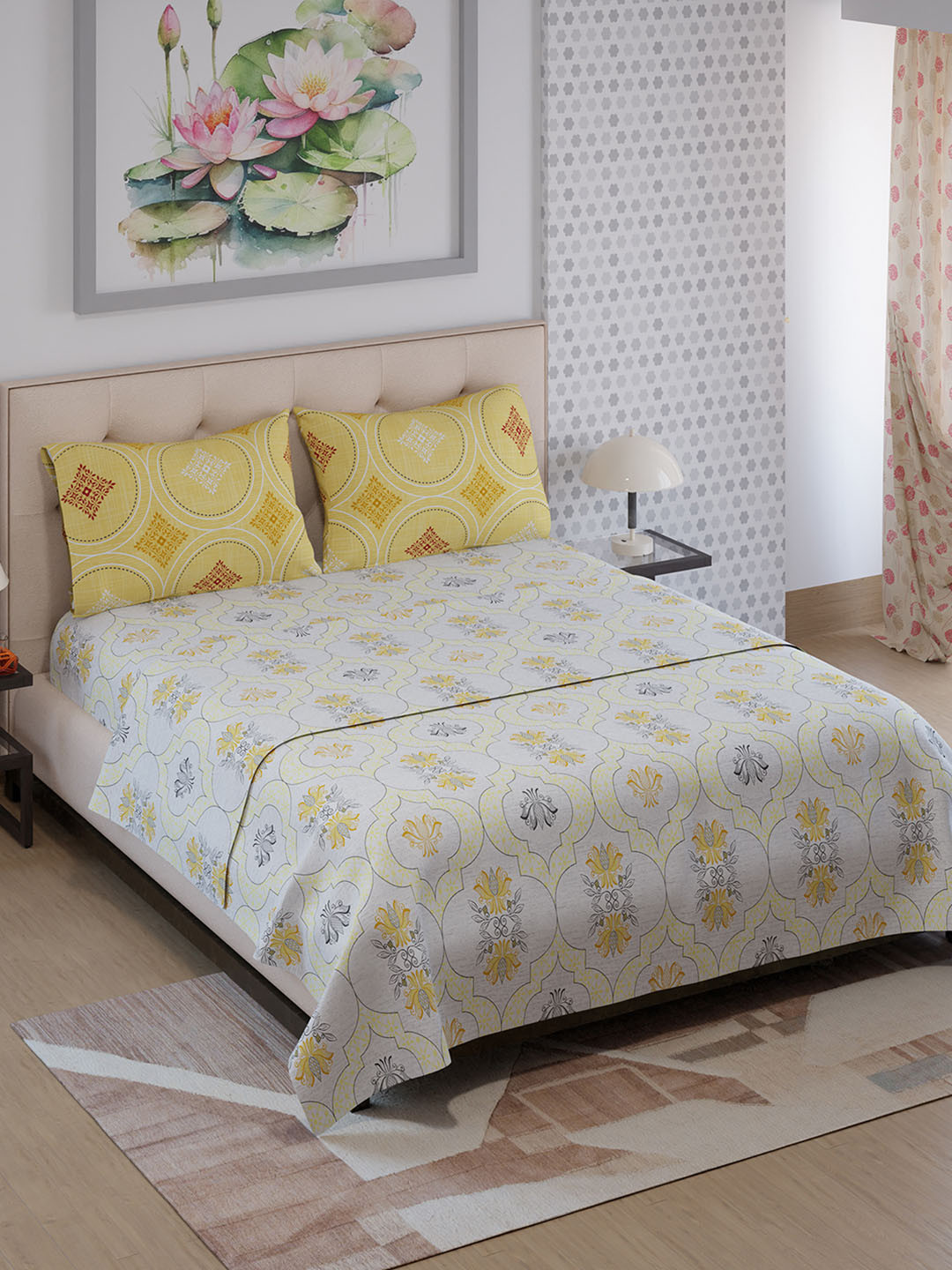 Color Sense Ivy White Ethnic Motifs Printed Microfiber Queen Bedsheet Set 2.42 m x 2.21 m