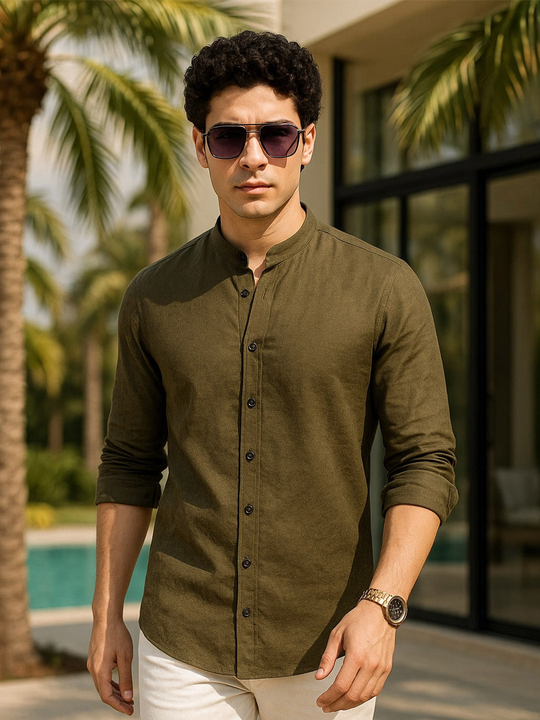 ALMATY Men Comfort Band Collar Solid Casual Shirt
