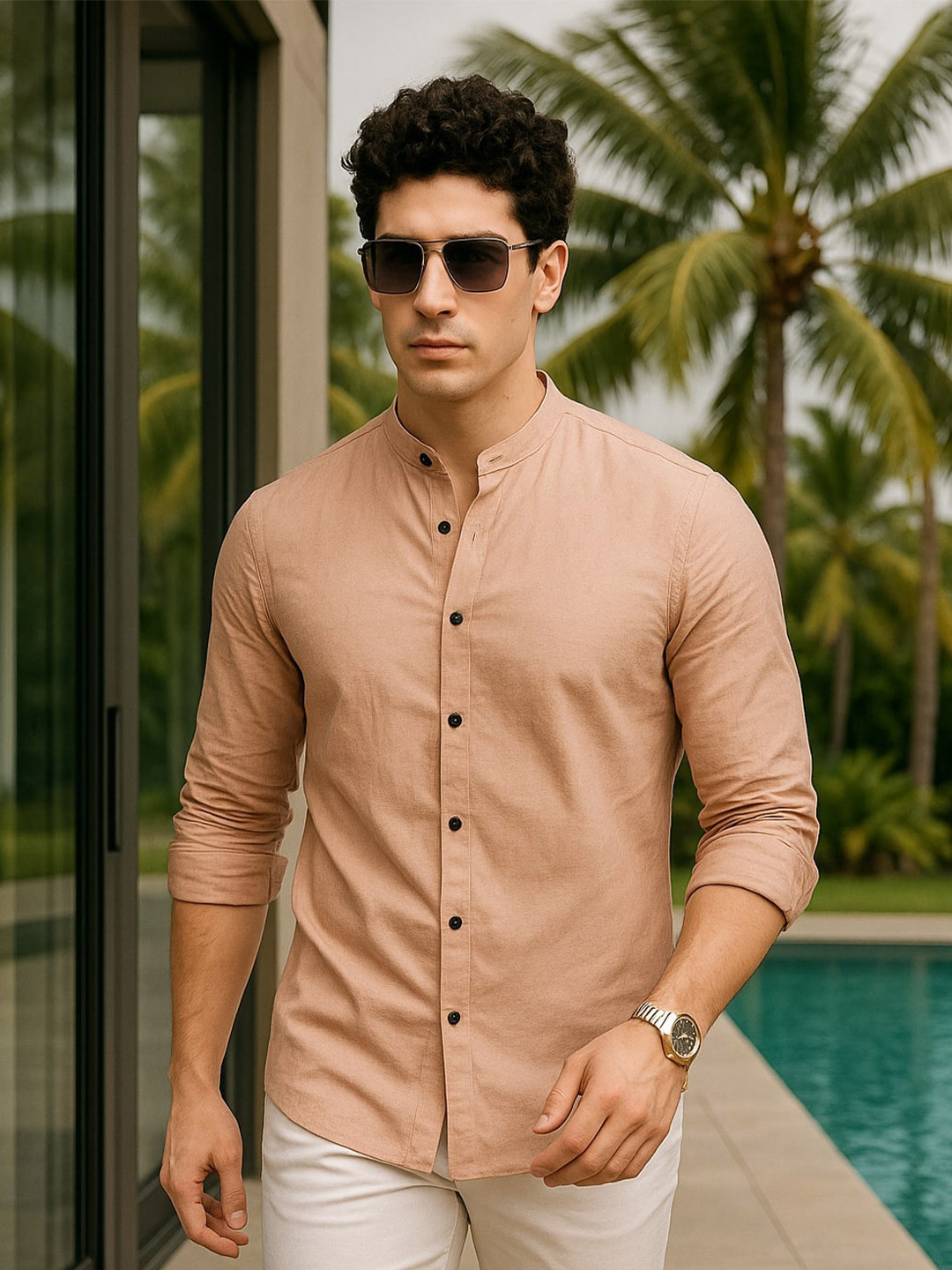 ALMATY Men Comfort Band Collar Solid Casual Shirt