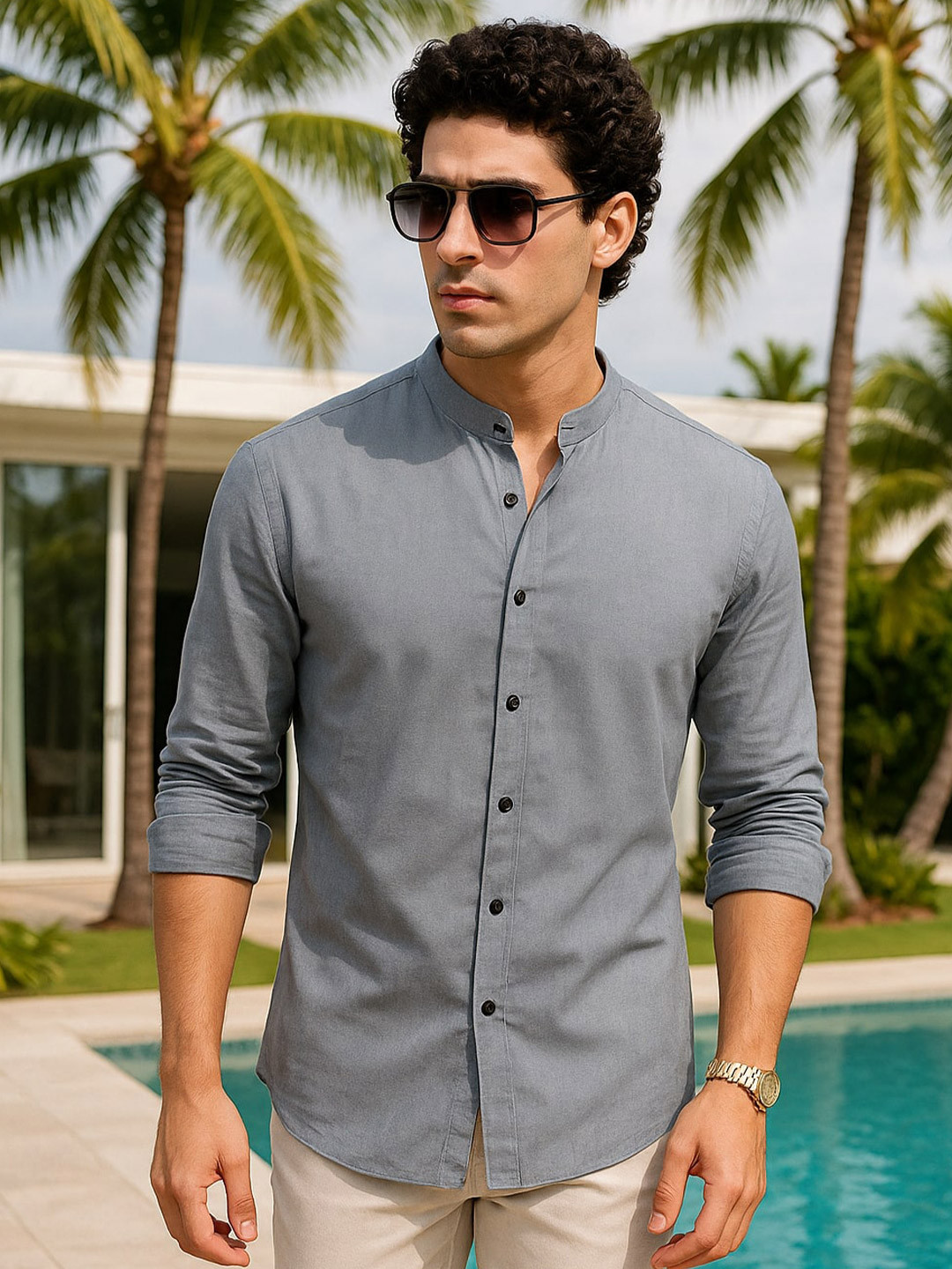 ALMATY Men Comfort Band Collar Solid Slim Fit Casual Shirt