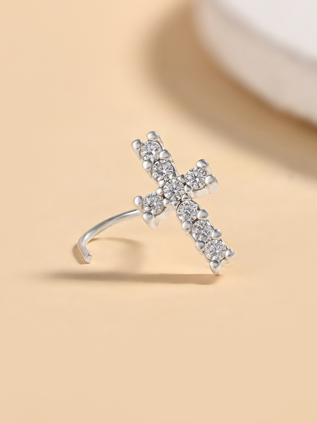 TOUCH925 Pure Silver Cross Charm Cubic Zirconia Stud Nosepin