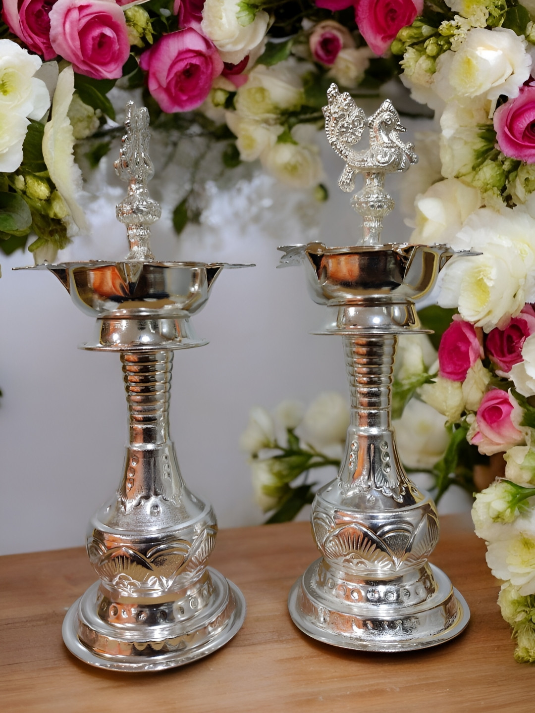 Sigaram Silver Toned 2 Pieces Glossy Pure German Silver Diyas