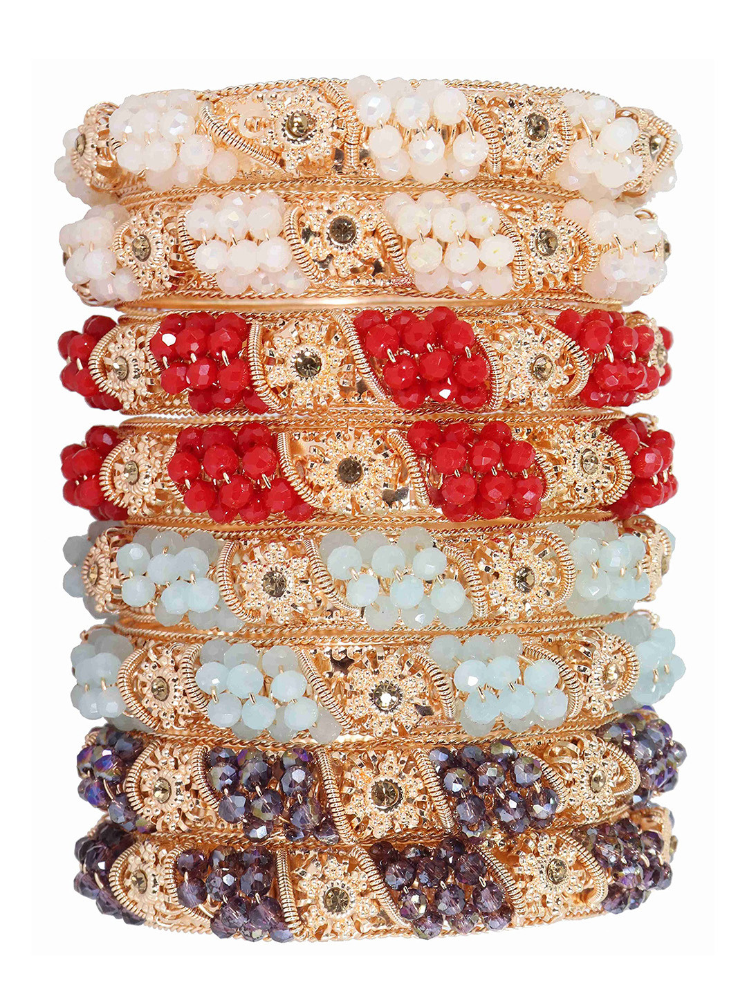 ZULKA Set of 8 Metal with Zircon Gemstone & Colourful Beads Kada