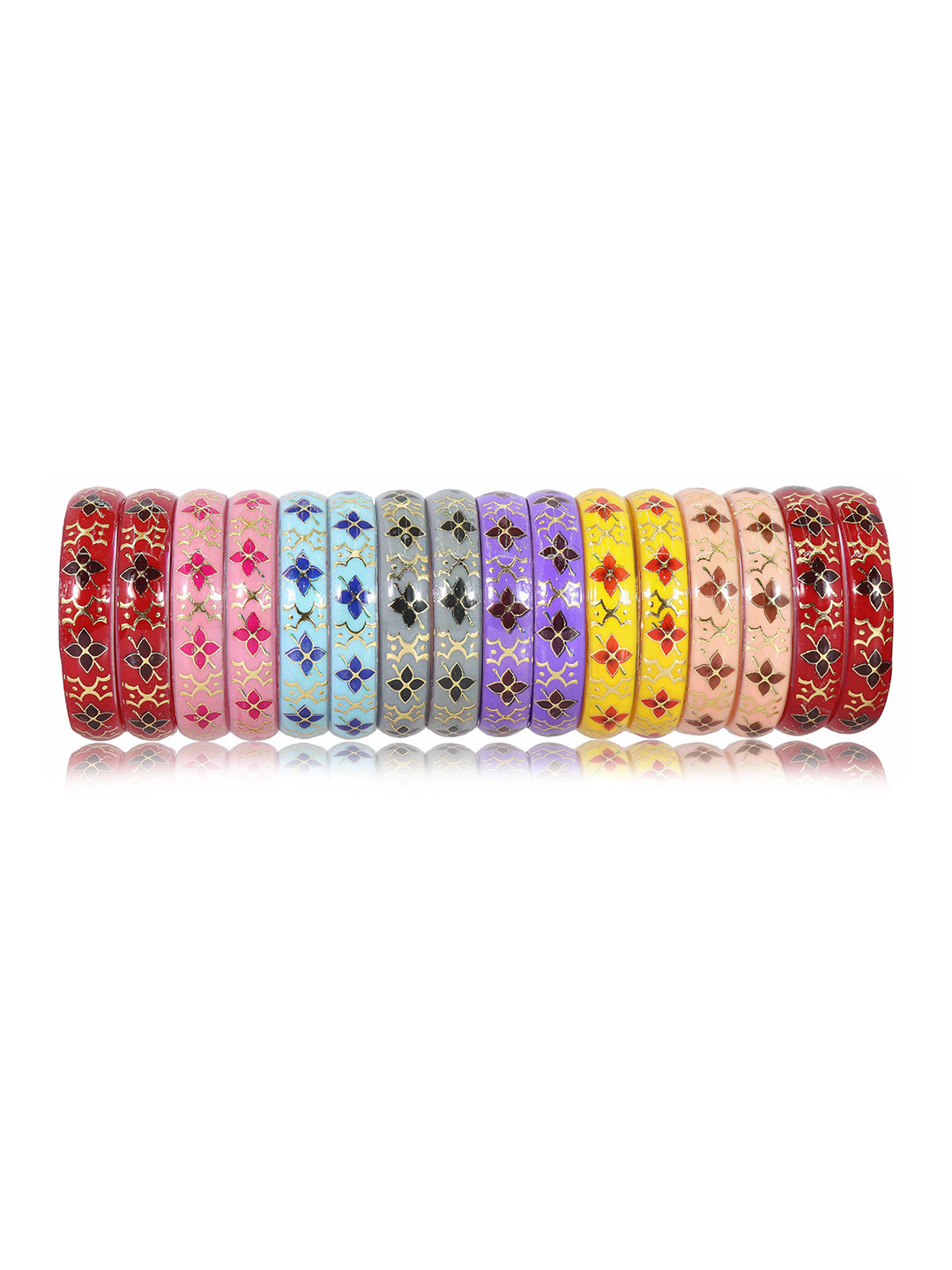 ZULKA Set of 16 Alloy Base Flower Printed Glass Bangles
