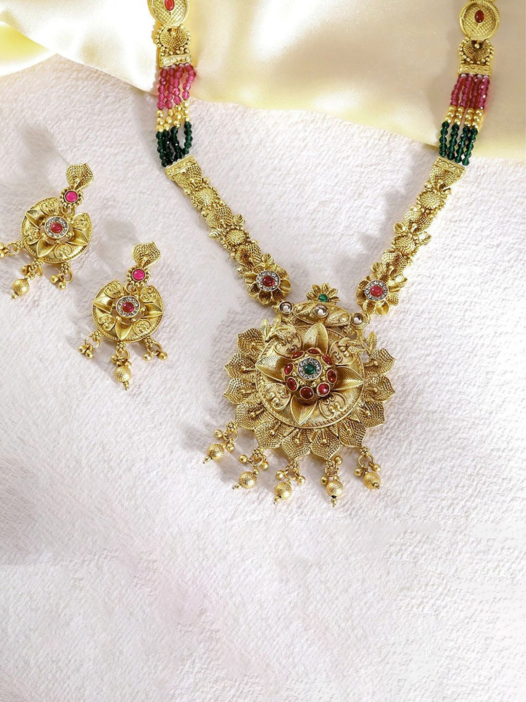 ORANGENYSHA 24K Gold Plated American Diamond Studded & Beaded Jadau Jewellery Set