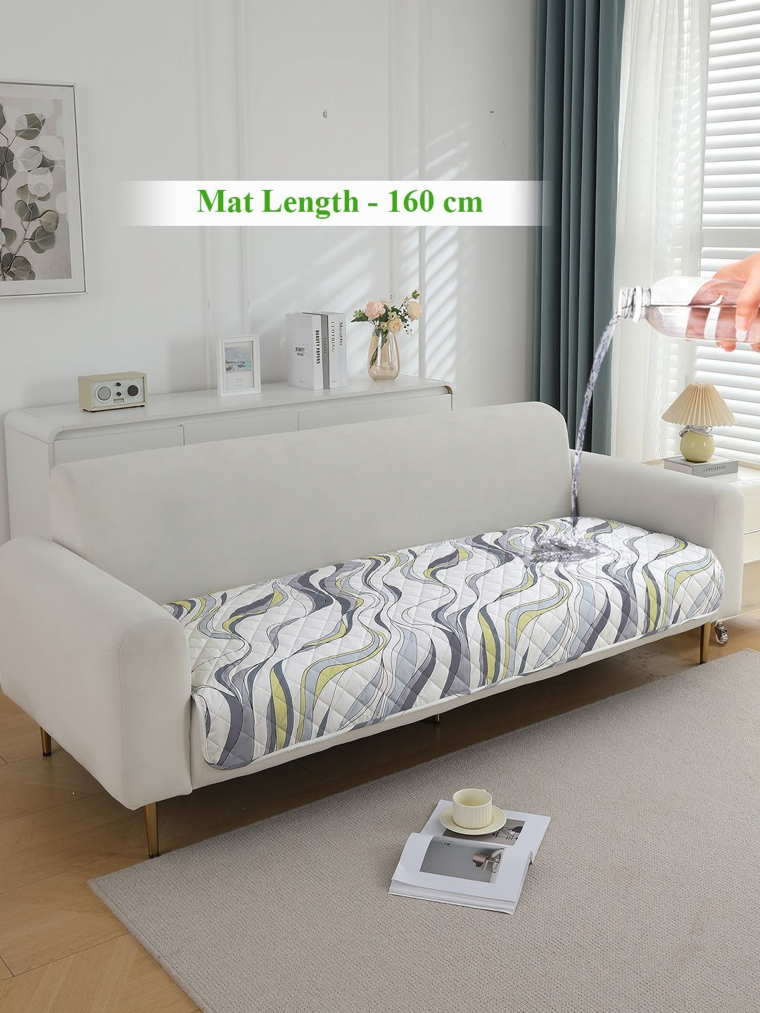 HOKIPO White & Grey Printed Waterproof Quilted Sofa Seat Mats - Length 160 cm