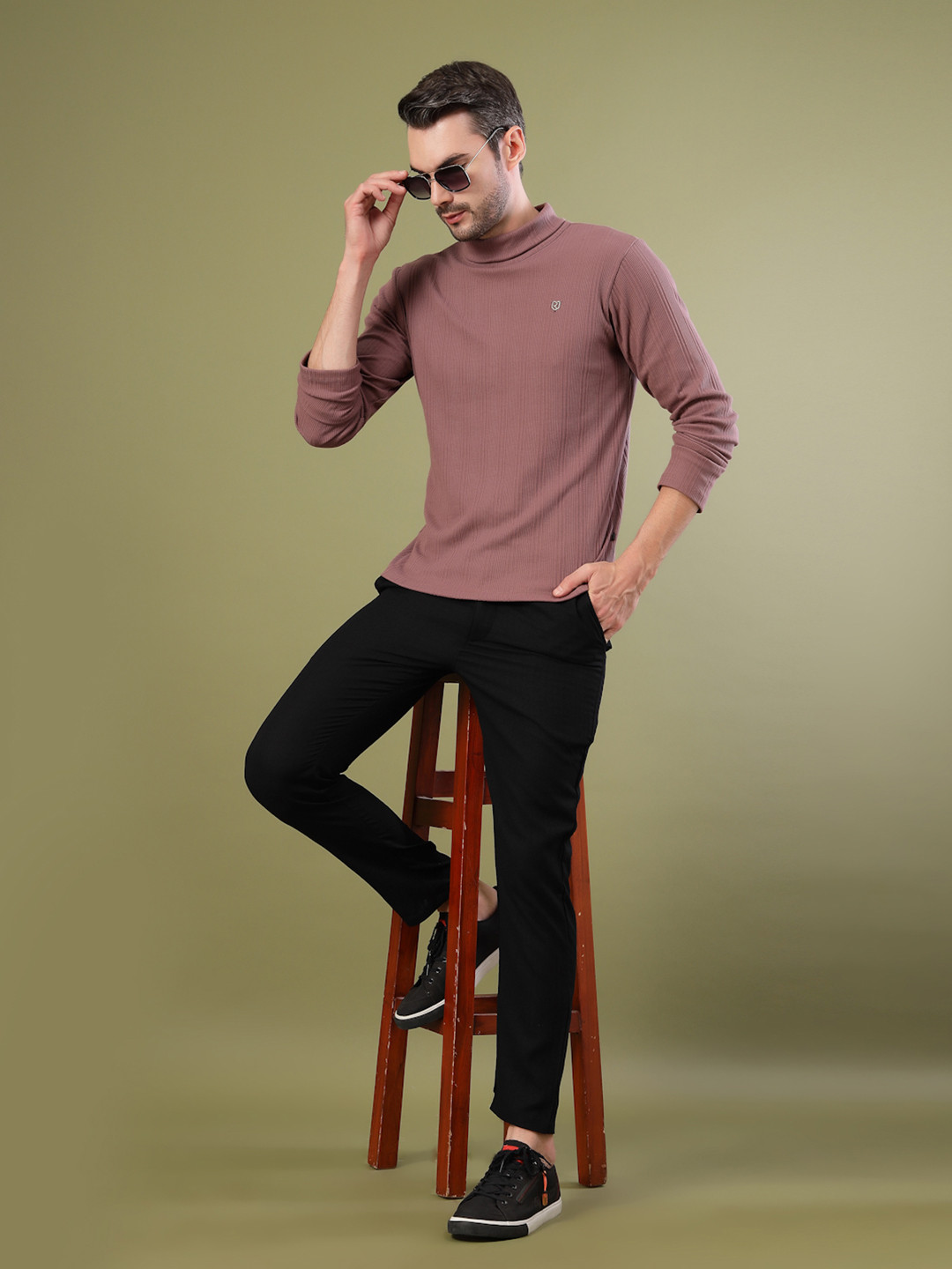 Rigo Men Mauve Self Design High Neck T-shirt