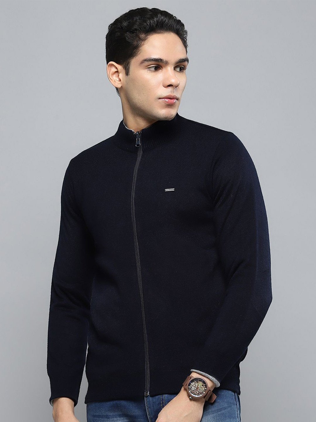 Cloak & Decker Men Mock Collar Woollen Front-Open Sweater