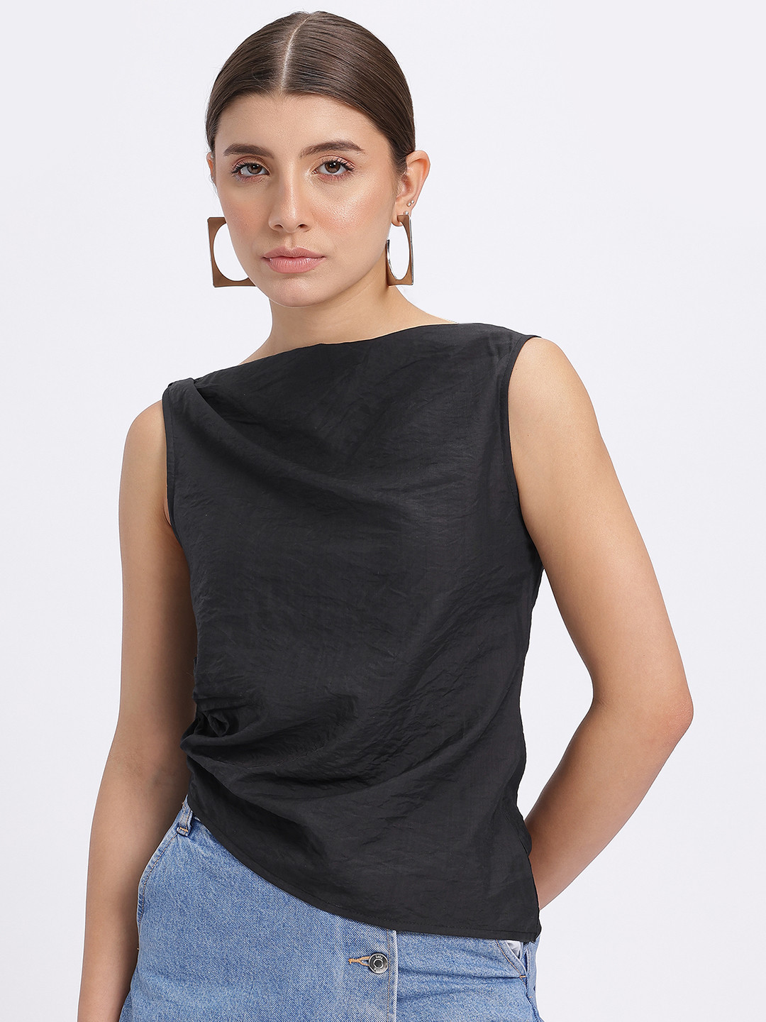 glitchez Draped Boat Neck Asymmetric Hem Top