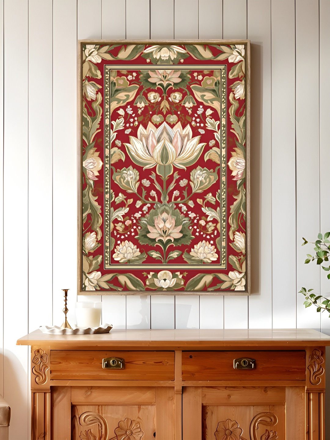 Art Street Red & Green Indian lotus floral Canvas Wall Art