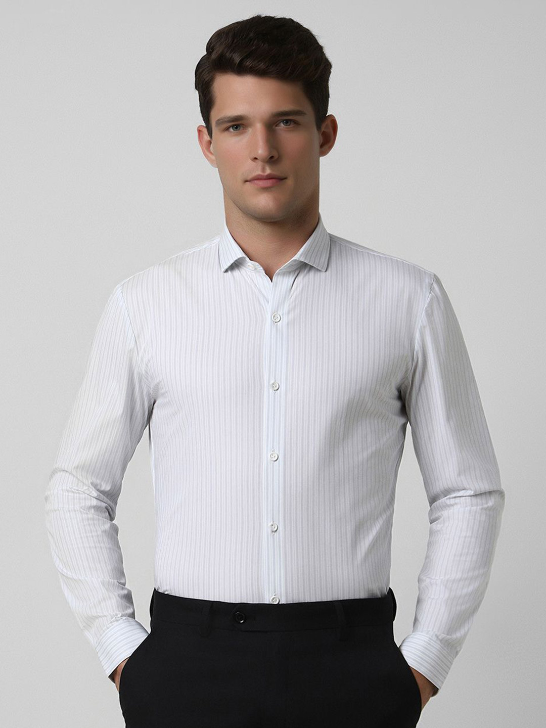 Peter England Men Super Spread Collar Vertical Striped Cotton Slim Fit Formal Shirt