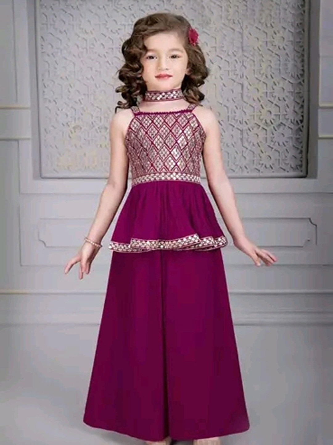 Dhvrafashion Girls Embroidered Shoulder Straps Neck Sleeveless Tunic With Palazzo