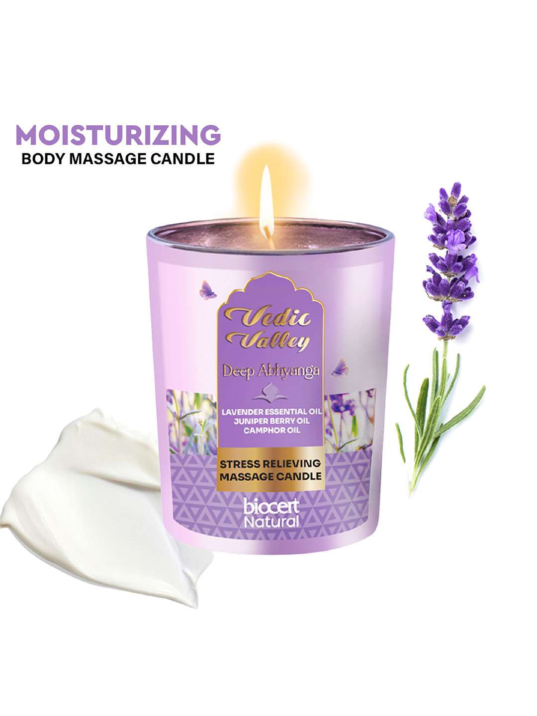 Vedic Valley body massage candle for men & women Lavender, Juniper Berry and Camphor Jar Candles