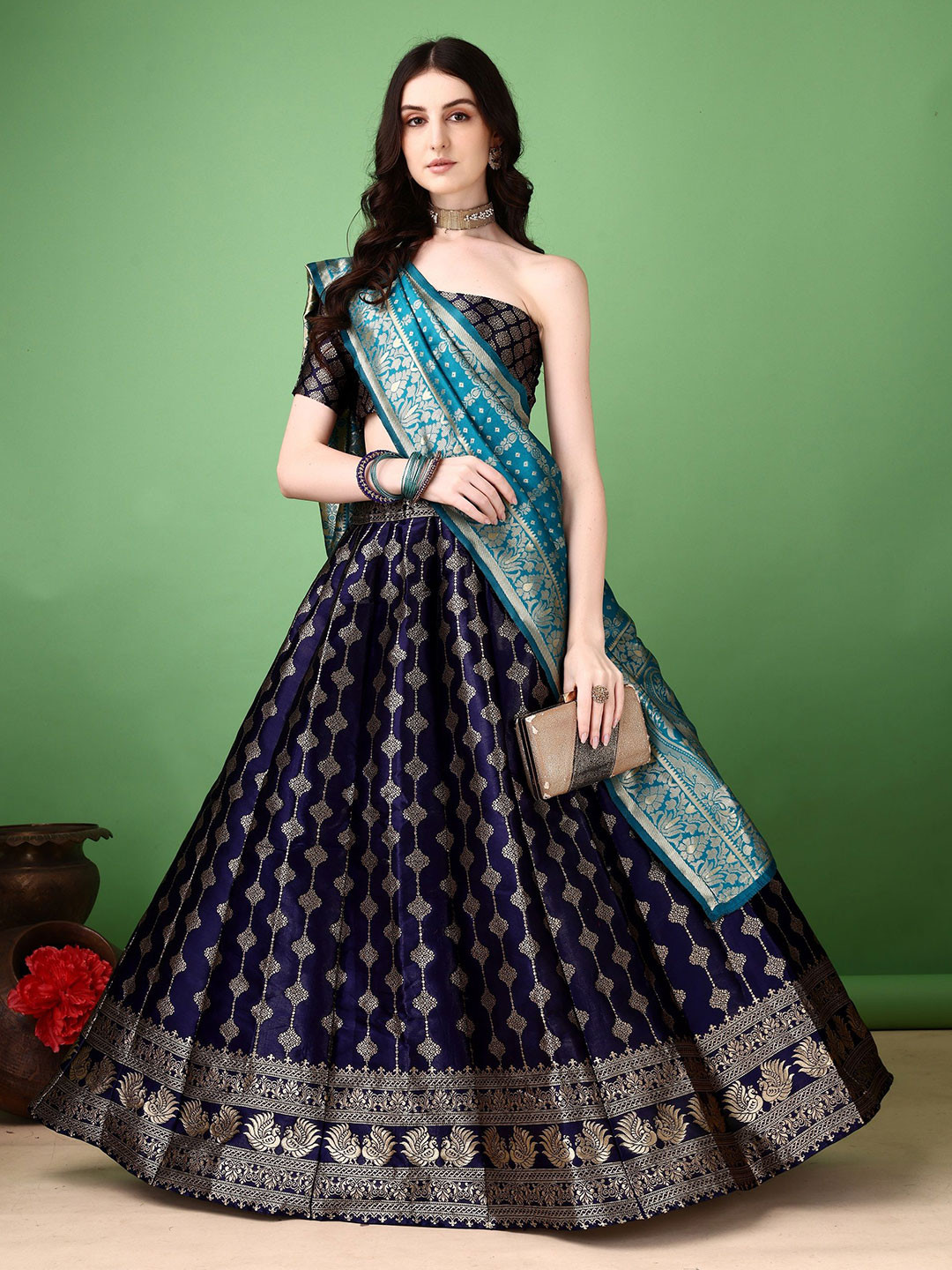 SWAMI STUDIO Woven Design Zari Ready to Wear Lehenga & Unstitched Blouse With Dupatta