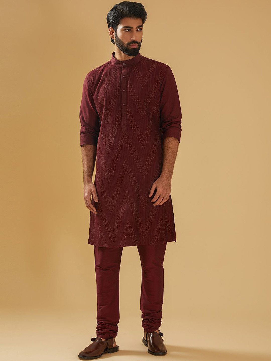 RR Blue Chevron Printed Band Collar Straight Raw Silk Kurta