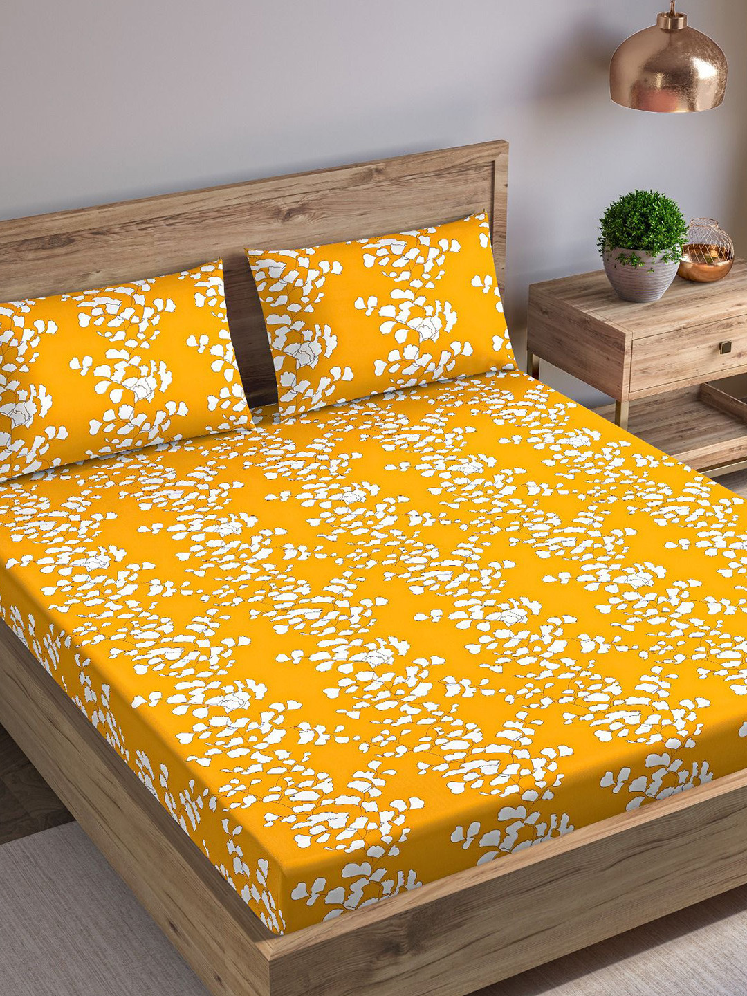 Trance Home Linen Ginkgo Leaves Yellow Floral Cotton 210 TC Fitted King Fine Bedsheet with 2 Pillow Covers-78 x 72 inches