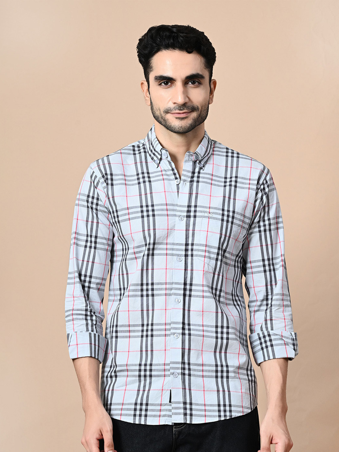 STARFOX Men Tartan Checks Spread Collar Formal Shirt