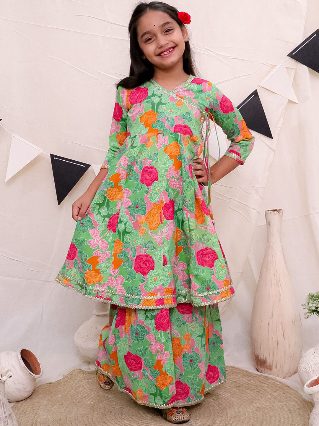Ka-mee Girls V-Neck Floral Printed Panelled Pure Cotton A-Line Kurta with Sharara