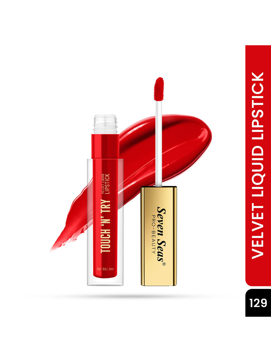 Seven Seas Touch N Try Velvet Long Lasting Waterproof Liquid Lipstick - 4 ml - Red - 129