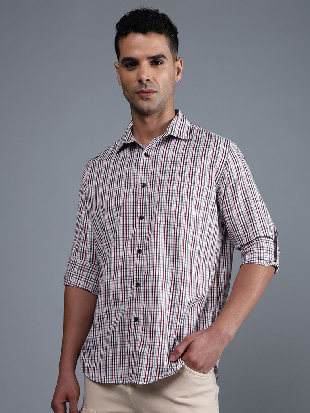DON VINO Men India Slim Fit Checked Roll-Up Sleeves Casual Shirt