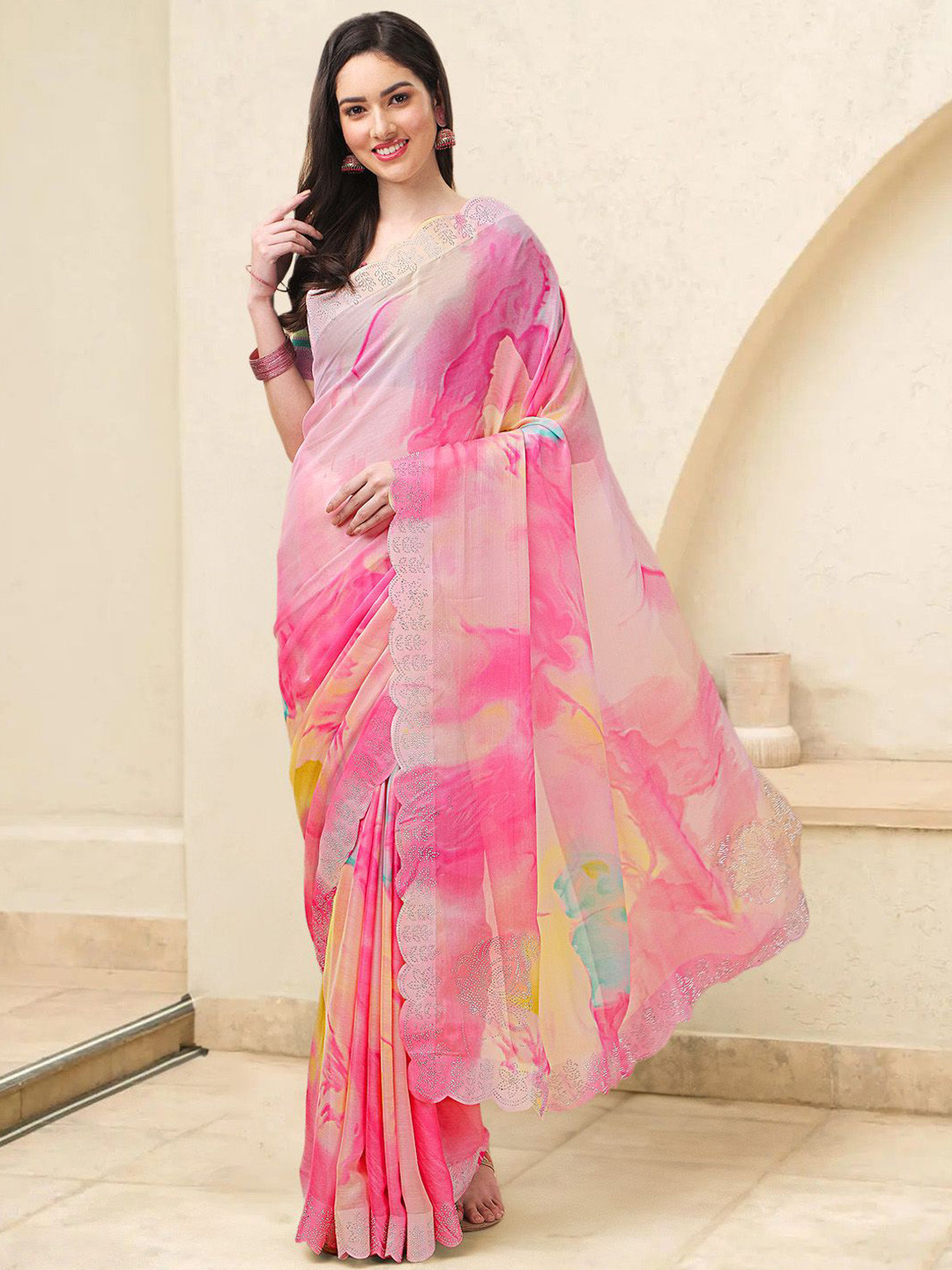 Mitera Women Tie and Dye Beads and Stones Ready to Wear Saree