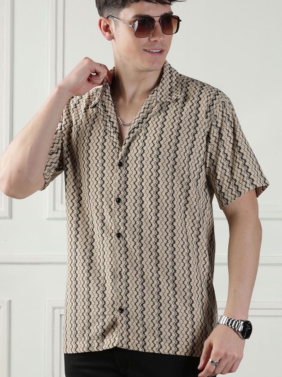 Urban Buccachi Men Classic Cuban Collar Vertical Striped Casual Shirt