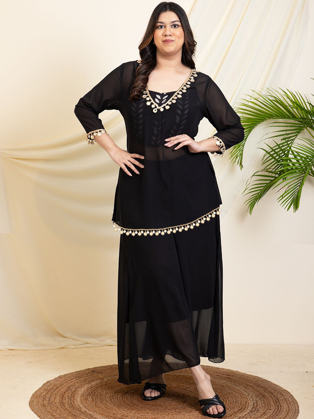 DEEBACO Embellished V-Neck Three-Quarter Sleeves Top With Palazzo With Inner Bustier