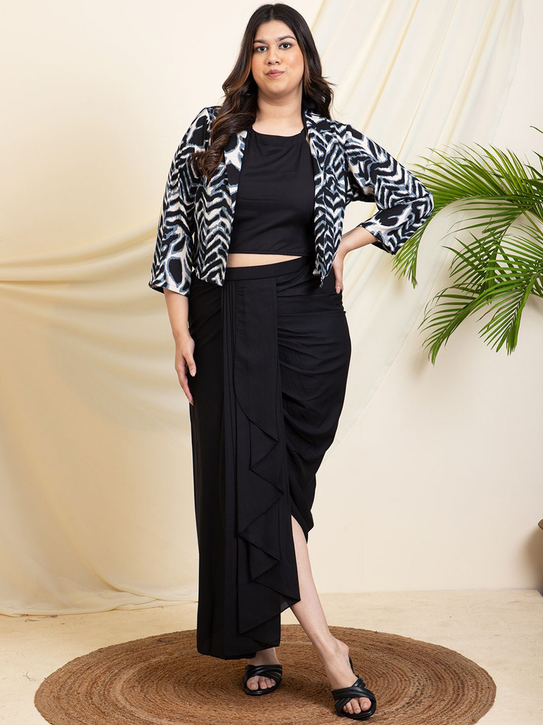 DEEBACO Printed Lapel Collar Three-Quarter Sleeves Blazer & Top With Dhoti Pant