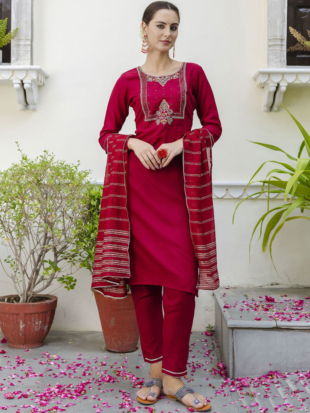 VredeVogel Floral Embroidered Regular Sequinned Straight Kurta With Trouser With Dupatta