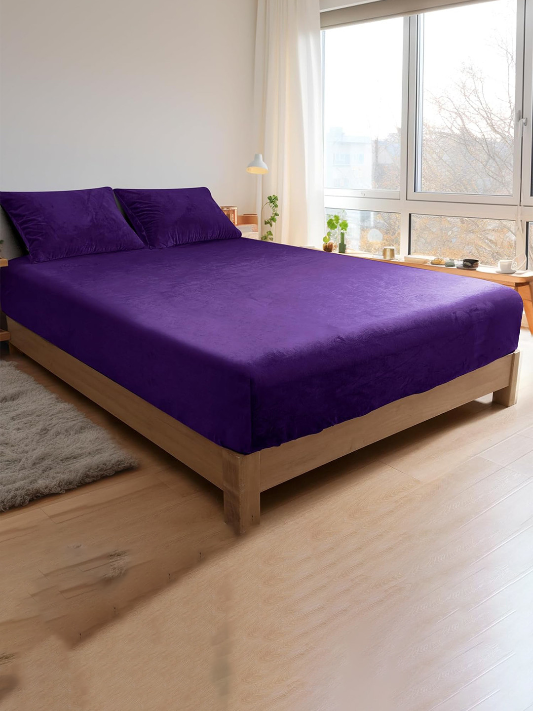 THE little BIG STORE Purple Wool Skin-Friendly 150 TC Fitted Double Bedsheet with 2 Pillow Covers-72 x 78 inches