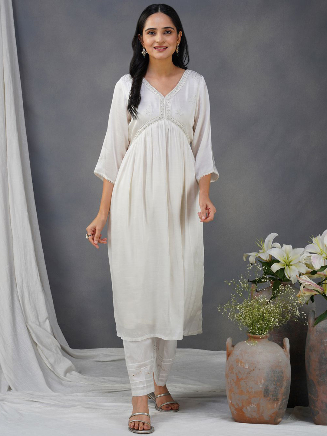 zuri Floral Embroidered V-Neck Three-Quarter Sleeves Empire Cotton Modal Anarkali Kurta