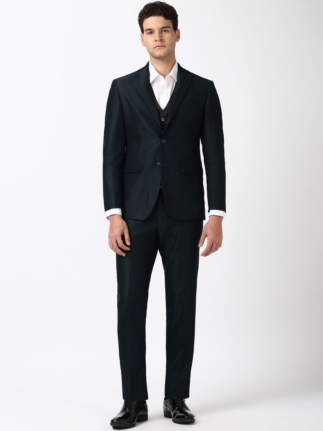 Peter England Elite Men 3-Pc Textured Slim Fit Single Breasted Suit