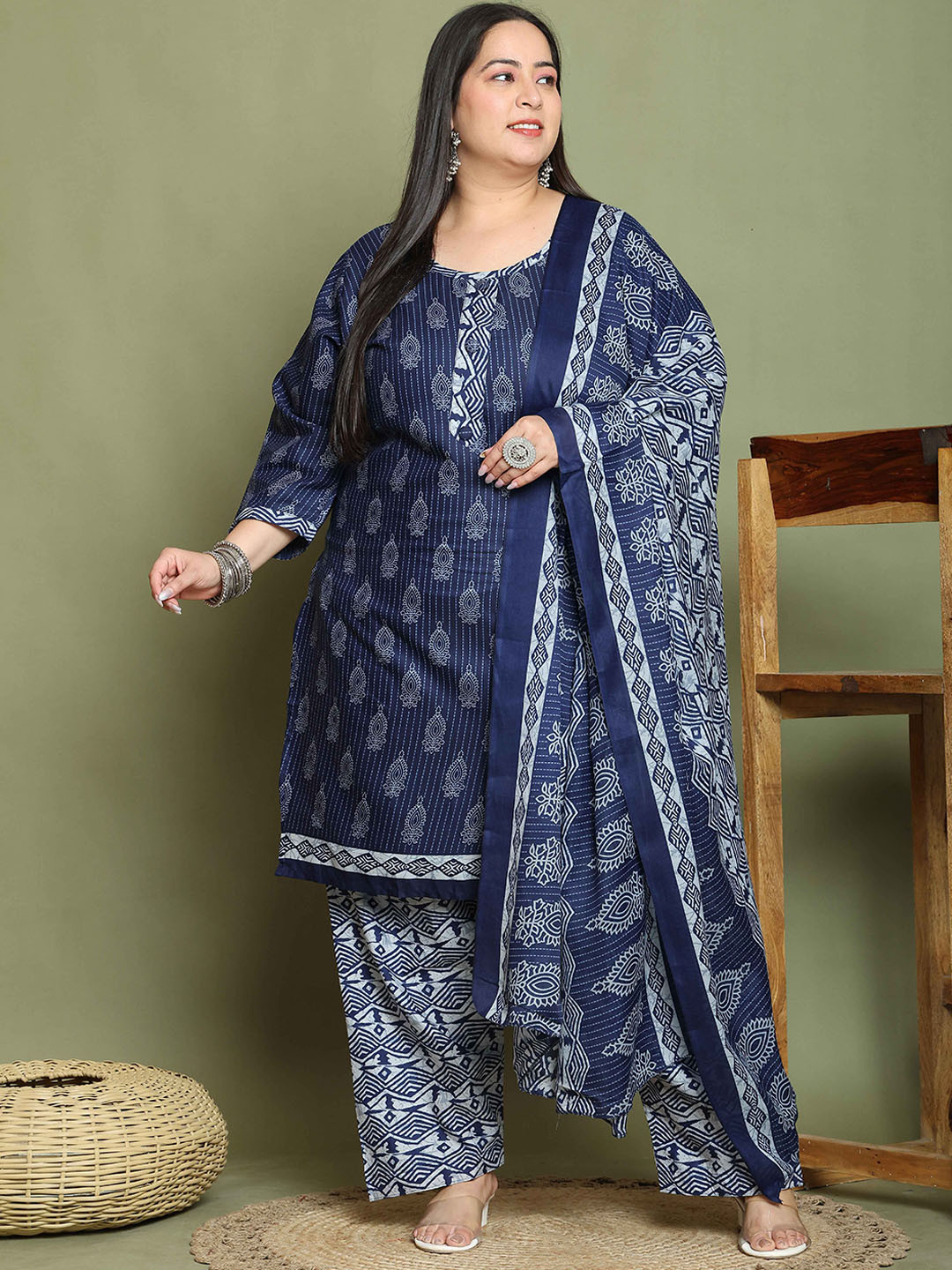Roly Poly Plus Size Floral Printed Straight Cotton Blend Kurta With Salwar & Dupatta