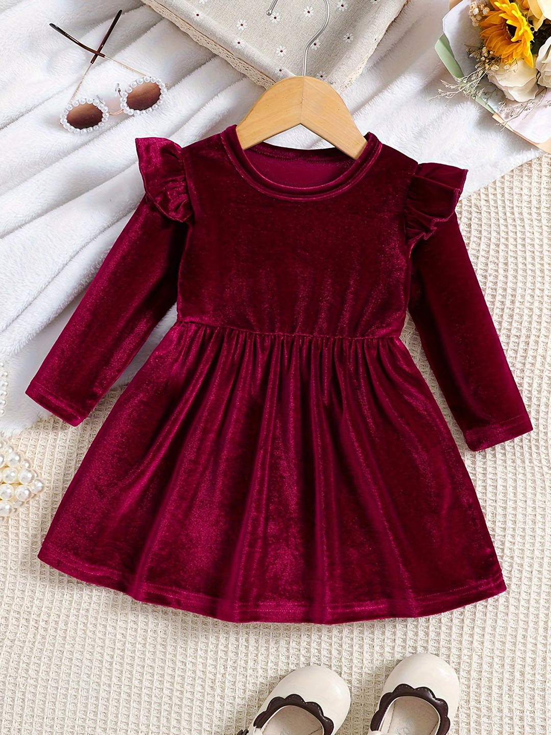 LYTIX Girls Ruffled Velvet Fit & Flare Dress