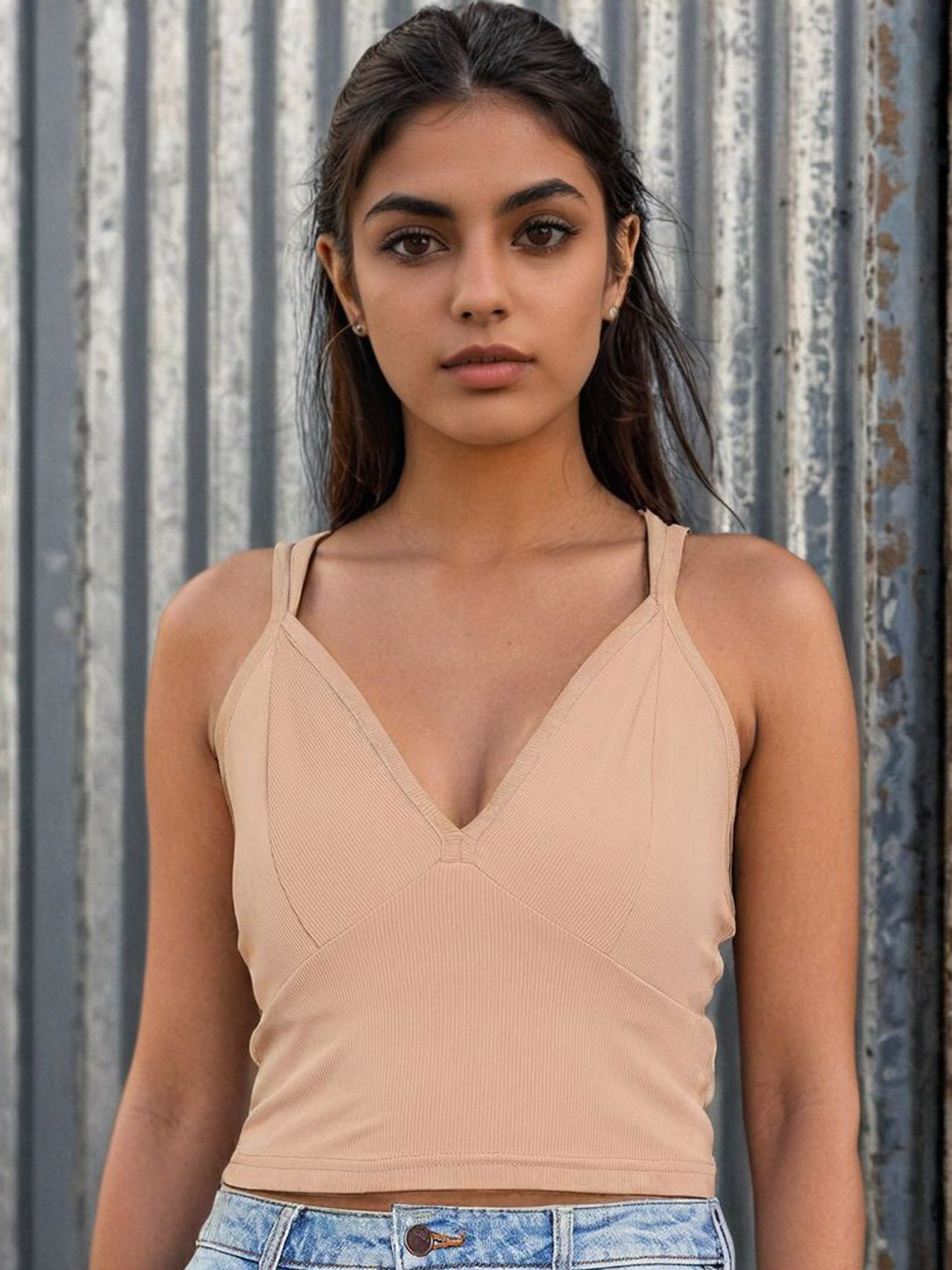 Beige V-Neck Sleeveless Crop Top with Styled Back